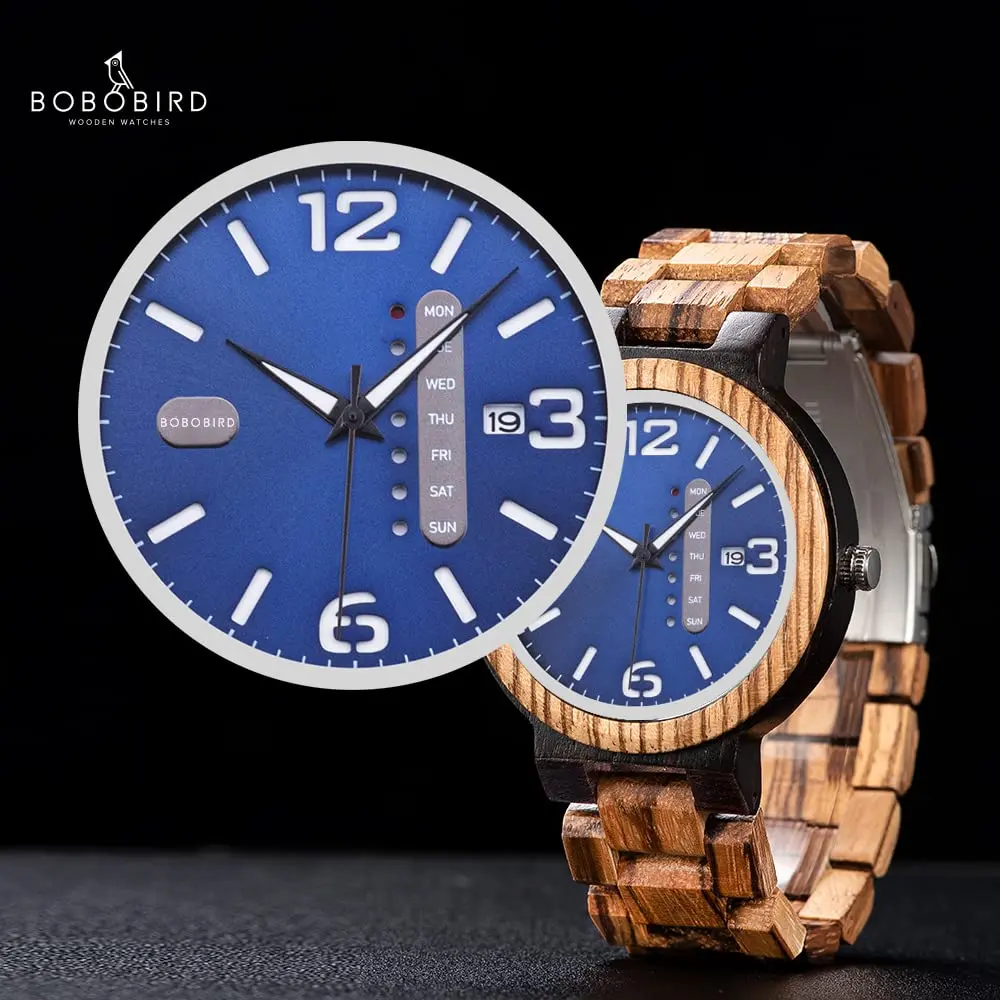BOBO BIRD Zebra Wooden Watch Men's Blue Dial Week Date Display 45.6mm (1.8in) | Handmade Casual Quartz - view 3
