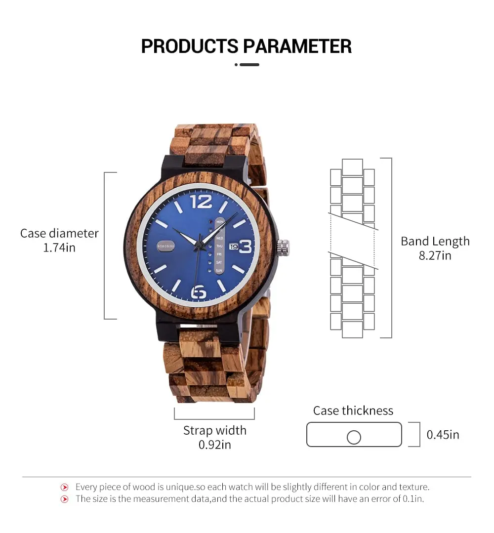 BOBO BIRD Zebra Wooden Watch Men's Blue Dial Week Date Display 45.6mm (1.8in) | Handmade Casual Quartz - view 4