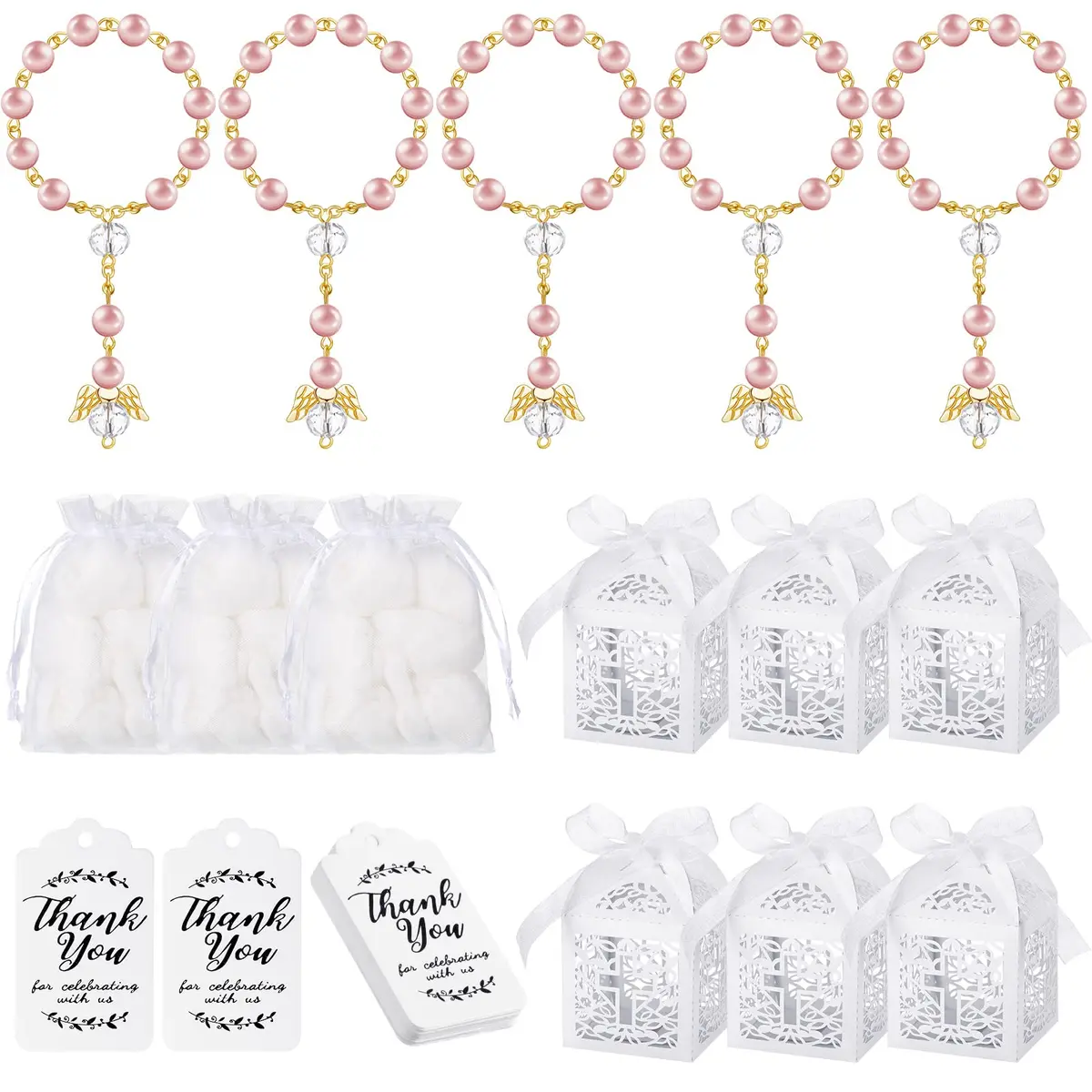 MTLEE 100 Pcs Baptism Rosary Set with Gift Boxes, Organza Bags & Thank You Tags | Pink Gold Religious Ceremony Favors - main product image