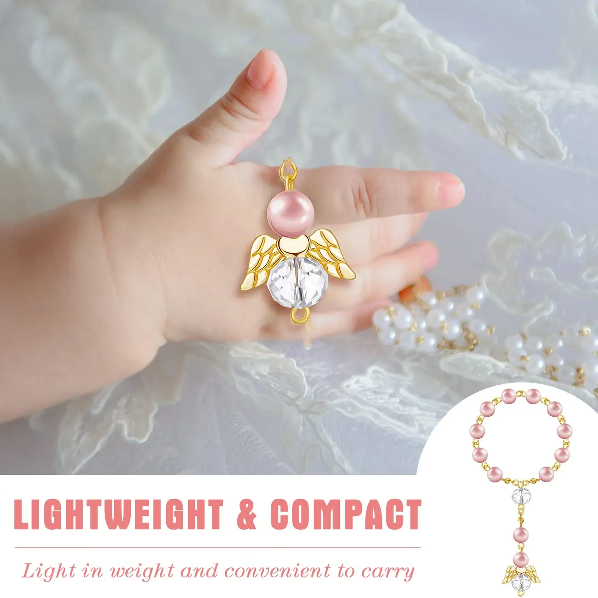 MTLEE 100 Pcs Baptism Rosary Set with Gift Boxes, Organza Bags & Thank You Tags | Pink Gold Religious Ceremony Favors - view 5