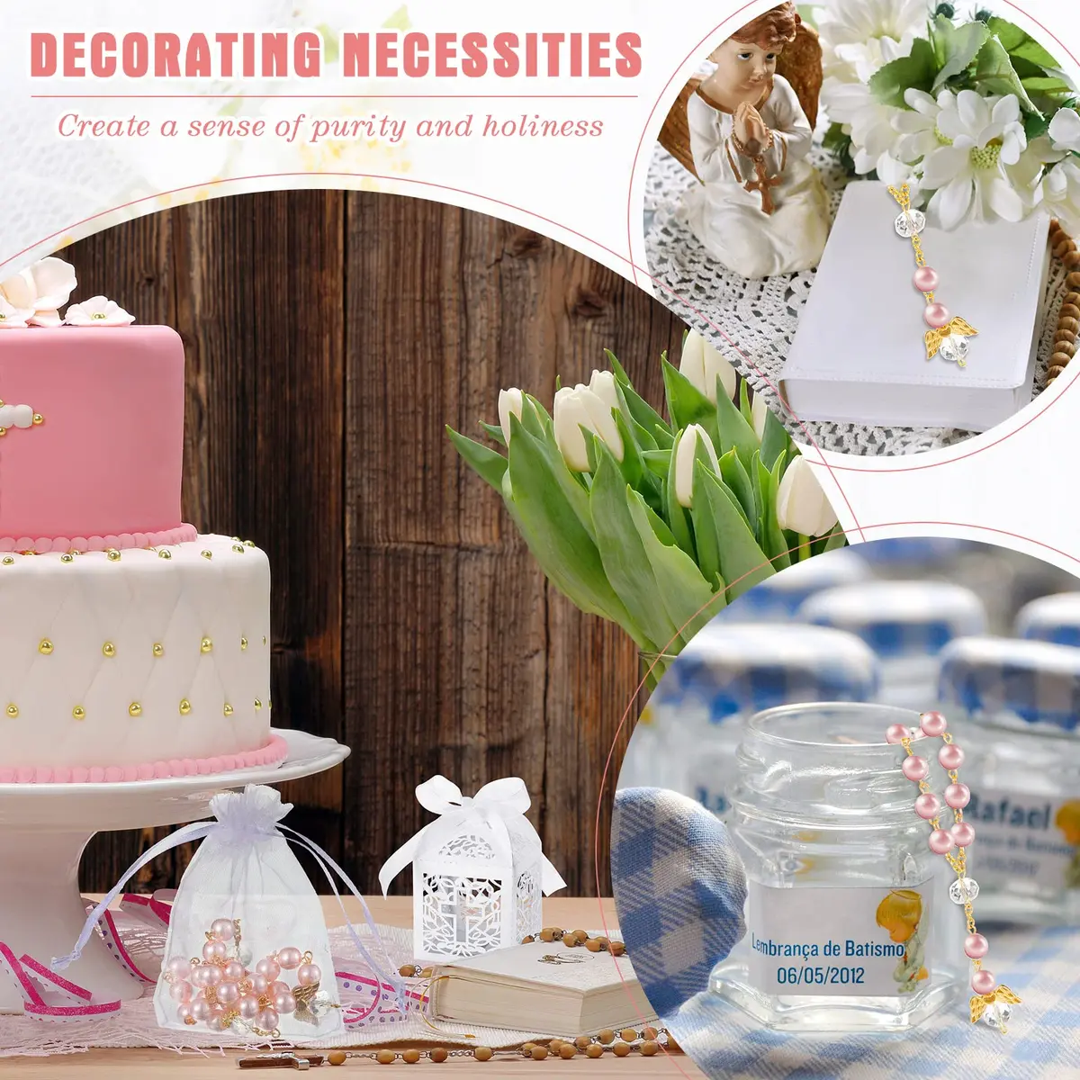 MTLEE 100 Pcs Baptism Rosary Set with Gift Boxes, Organza Bags & Thank You Tags | Pink Gold Religious Ceremony Favors - view 6