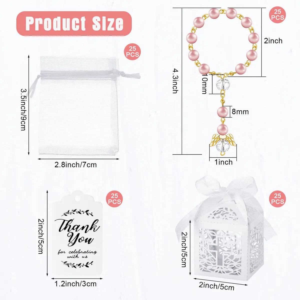 MTLEE 100 Pcs Baptism Rosary Set with Gift Boxes, Organza Bags & Thank You Tags | Pink Gold Religious Ceremony Favors - view 2