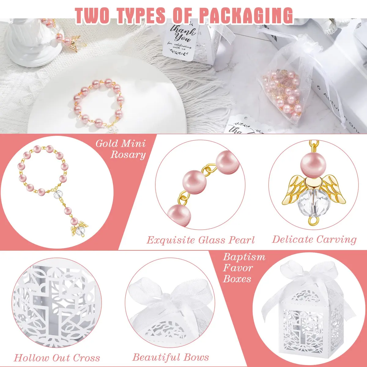 MTLEE 100 Pcs Baptism Rosary Set with Gift Boxes, Organza Bags & Thank You Tags | Pink Gold Religious Ceremony Favors - view 3