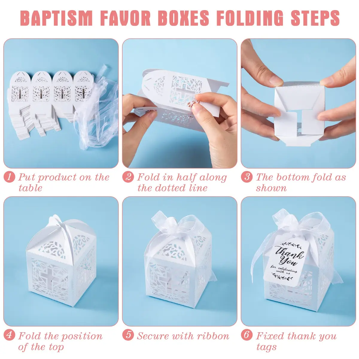 MTLEE 100 Pcs Baptism Rosary Set with Gift Boxes, Organza Bags & Thank You Tags | Pink Gold Religious Ceremony Favors - view 4