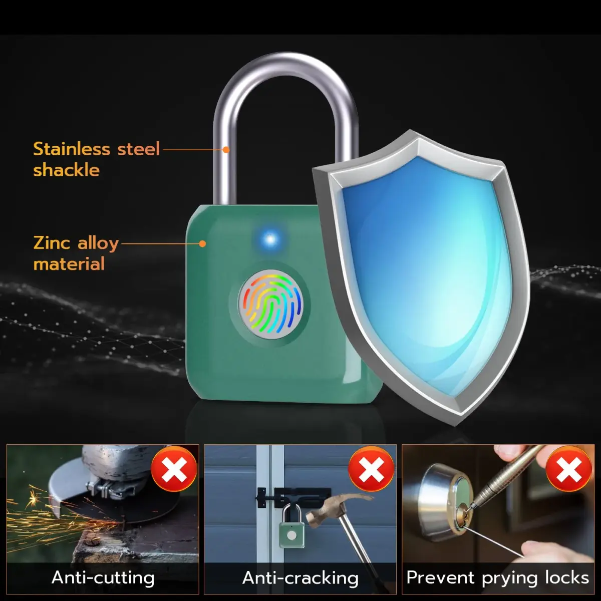 Pothunder Green Fingerprint Padlock | Keyless Biometric Security Lock with USB Rechargeable Battery - view 7