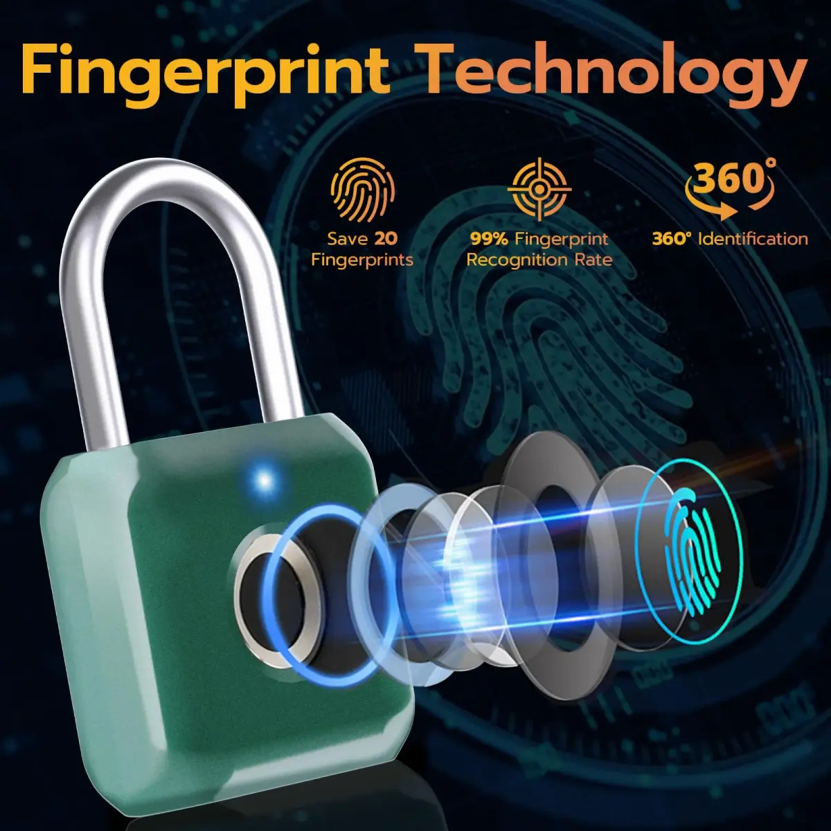 Pothunder Green Fingerprint Padlock | Keyless Biometric Security Lock with USB Rechargeable Battery - view 3