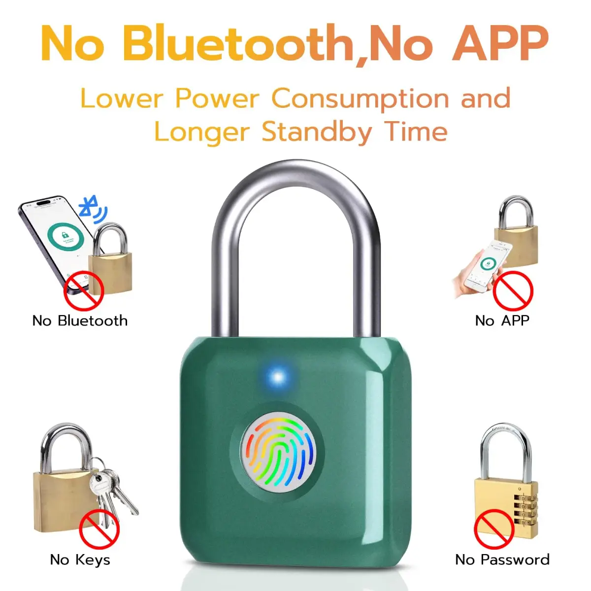 Pothunder Green Fingerprint Padlock | Keyless Biometric Security Lock with USB Rechargeable Battery - view 4