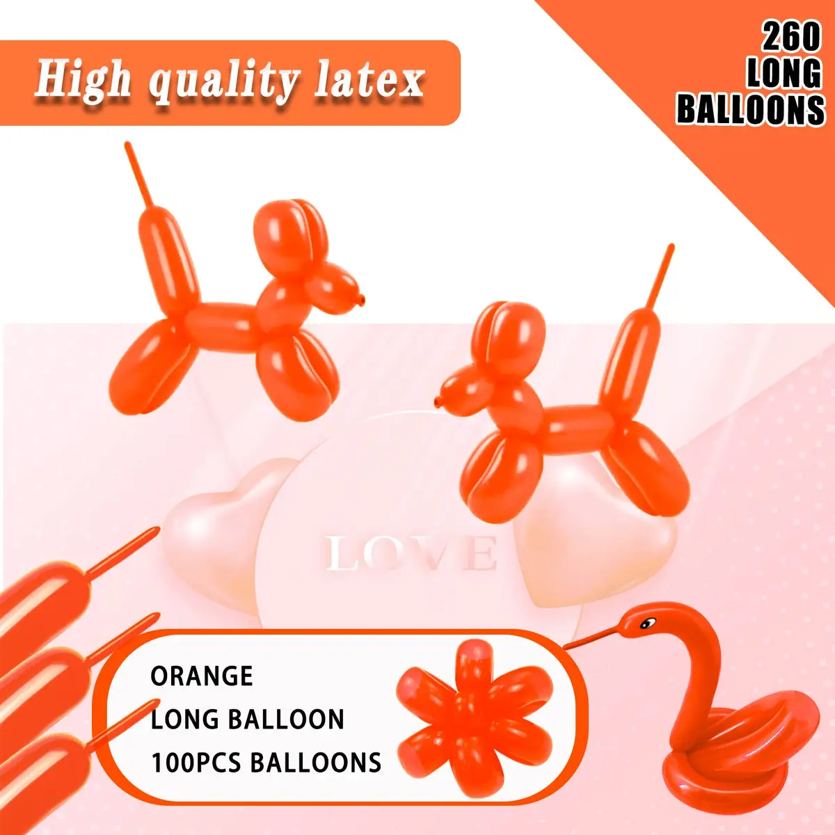 ASIYUHY Orange 260 Long Balloons 100 Pack | Latex Twisting Animal Balloons for Parties - view 2