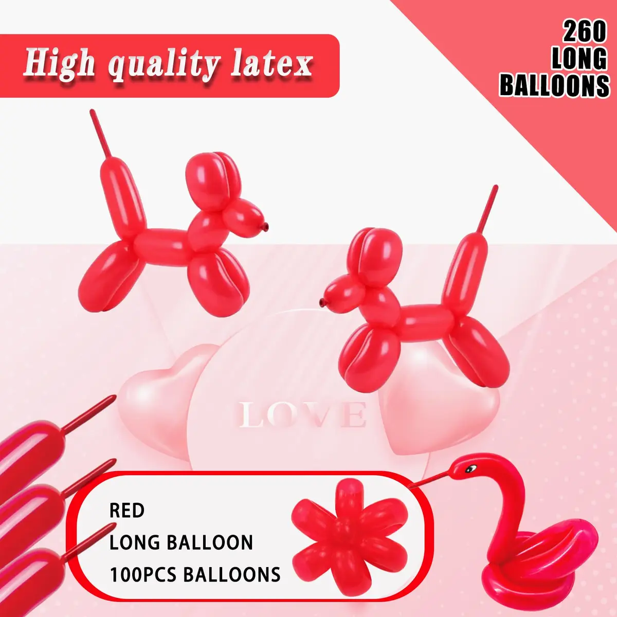 ASIUHY Red 260 Long Balloons 100 Pack | Durable Latex Twisting Animal Balloons for Parties - view 2