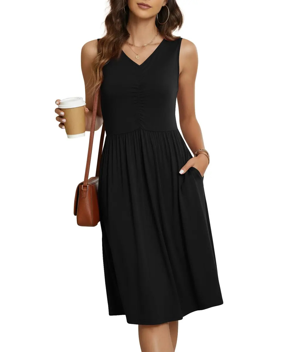 NILOUFO Sleeveless Dress for Women Summer Knee Length with Pockets | Flowy Casual Style in Black (70-120 chars) - main product image