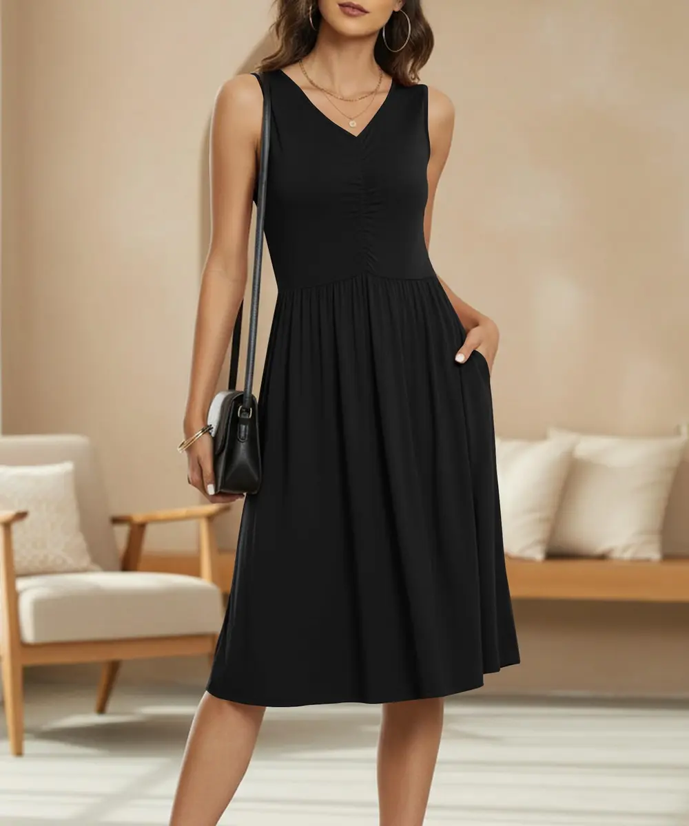NILOUFO Sleeveless Dress for Women Summer Knee Length with Pockets | Flowy Casual Style in Black (70-120 chars) - view 3