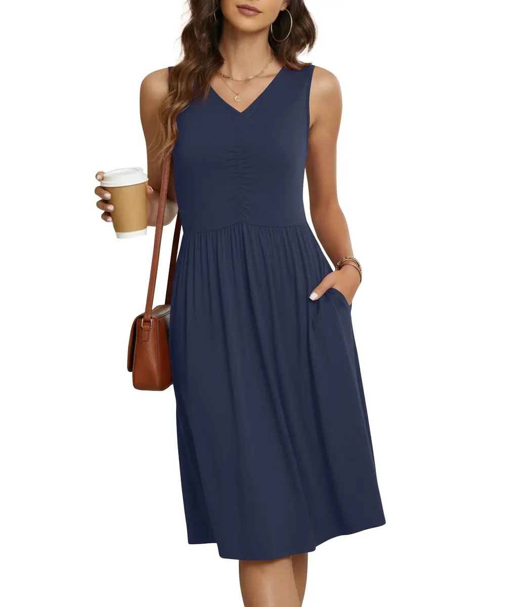 NILOUFO Sleeveless Dress for Women Summer Knee Length with Pockets | Flowy Casual V-Neck Dress - main product image