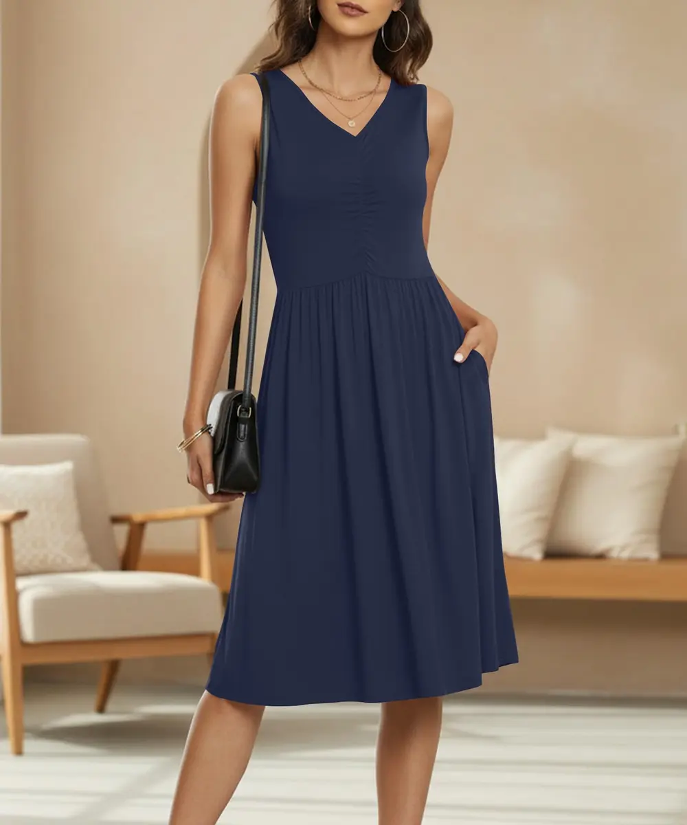 NILOUFO Sleeveless Dress for Women Summer Knee Length with Pockets | Flowy Casual V-Neck Dress - view 3
