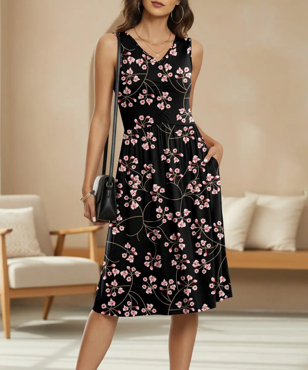 NILOUFO Sleeveless Dress for Women Summer Knee Length Sundress with Pockets | Flowy Floral Casual Style - view 3