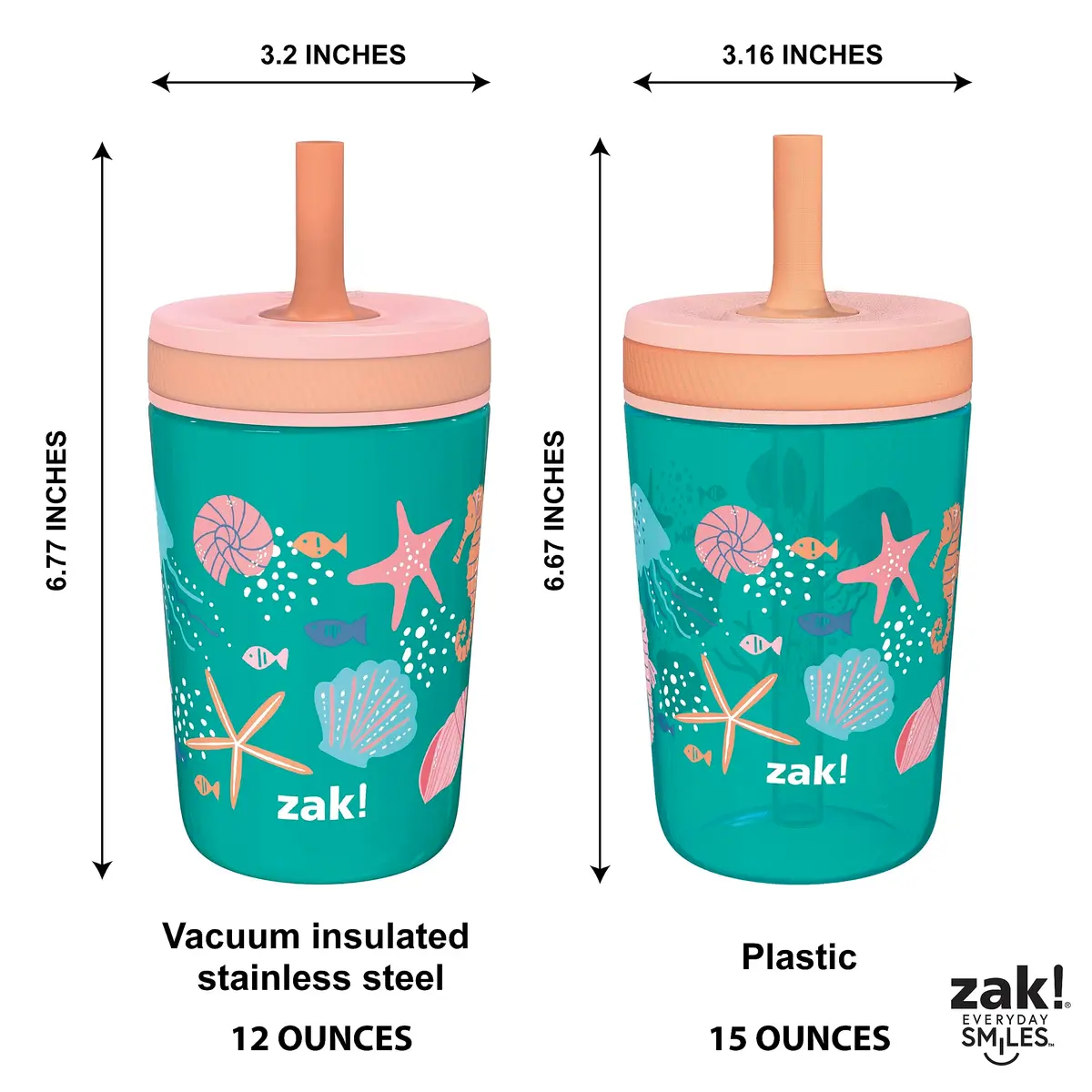 Zak Designs Shells Kelso Tumbler Set, Leak-Proof Screw-On Lid with Straw, Bundle for Kids Includes Plastic and Stainless Steel Cups with Bonus Sipper (3pc Set, Non-BPA) - view 8