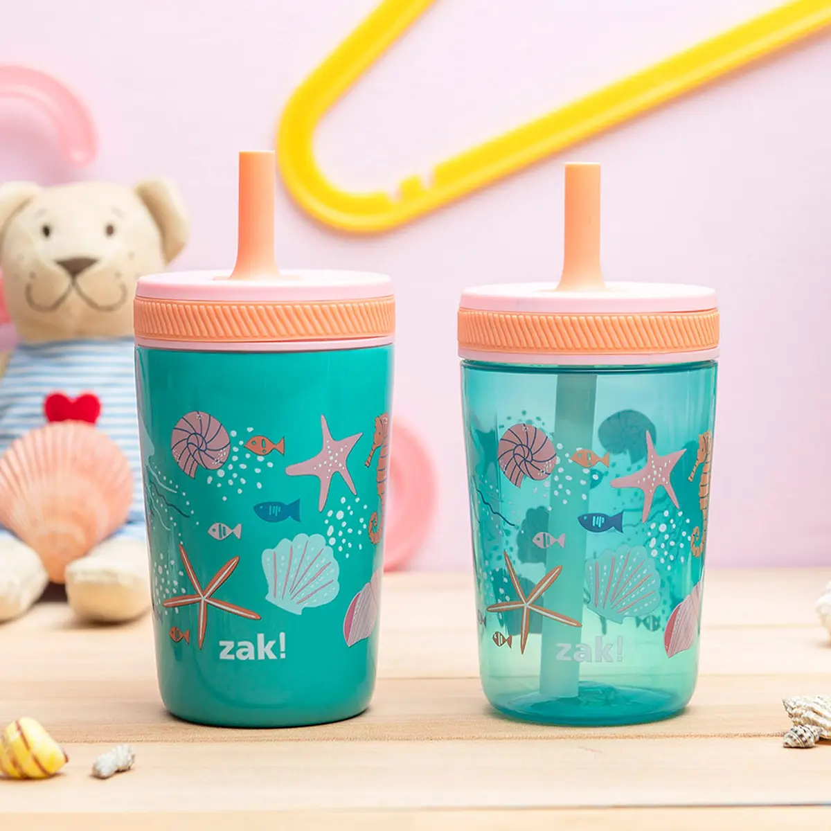 Zak Designs Shells Kelso Tumbler Set, Leak-Proof Screw-On Lid with Straw, Bundle for Kids Includes Plastic and Stainless Steel Cups with Bonus Sipper (3pc Set, Non-BPA) - view 2