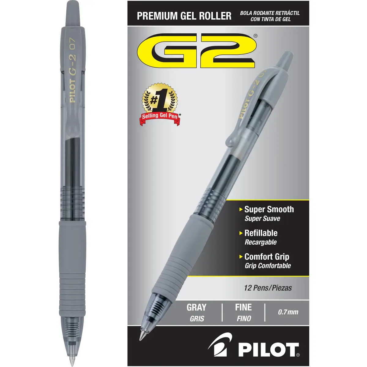 PILOT G2 Retractable Gel Pens, 0.7mm Fine Point, Gray Ink, 12-Pack | Smooth Writing for Office & Students - main product image