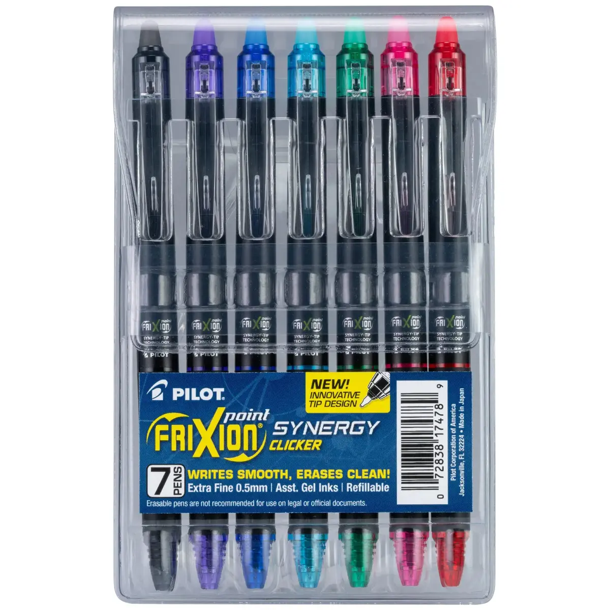 PILOT FriXion Synergy Clicker Erasable Pens 0.5mm 7-Pack Assorted Colors | Smooth Ink Flow - main product image