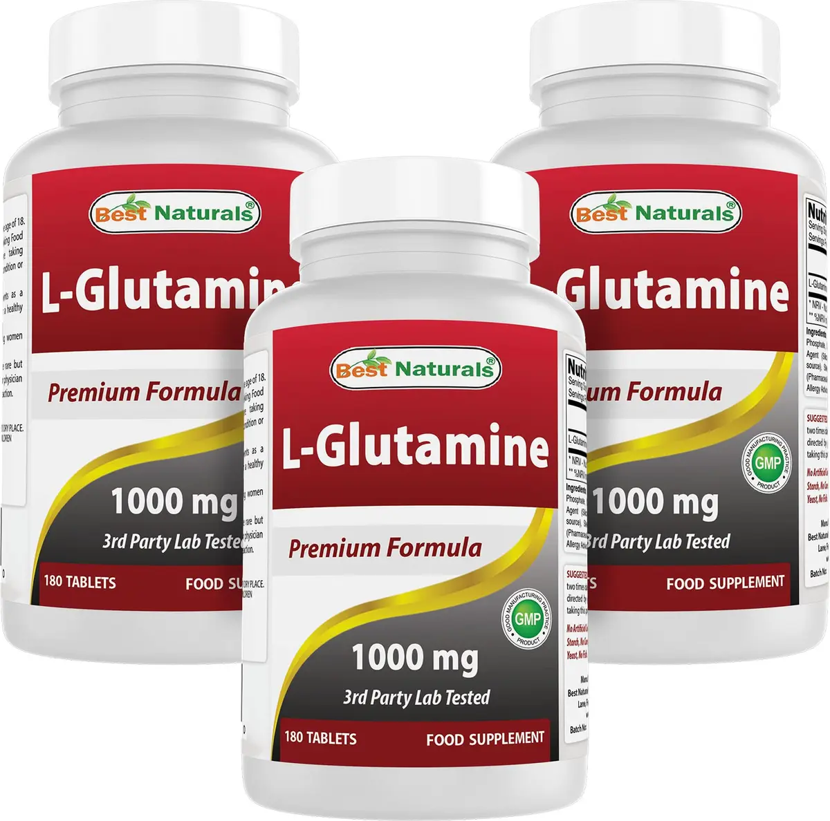 Best Naturals L-Glutamine 1000 mg 180 Tablets | Non-GMO, Gluten-Free, Made in USA - main product image