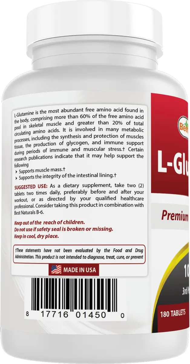 Best Naturals L-Glutamine 1000 mg 180 Tablets | Non-GMO, Gluten-Free, Made in USA - view 7