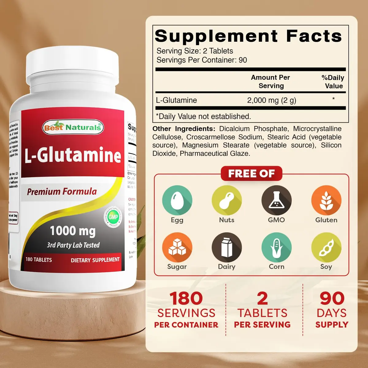 Best Naturals L-Glutamine 1000 mg 180 Tablets | Non-GMO, Gluten-Free, Made in USA - view 2