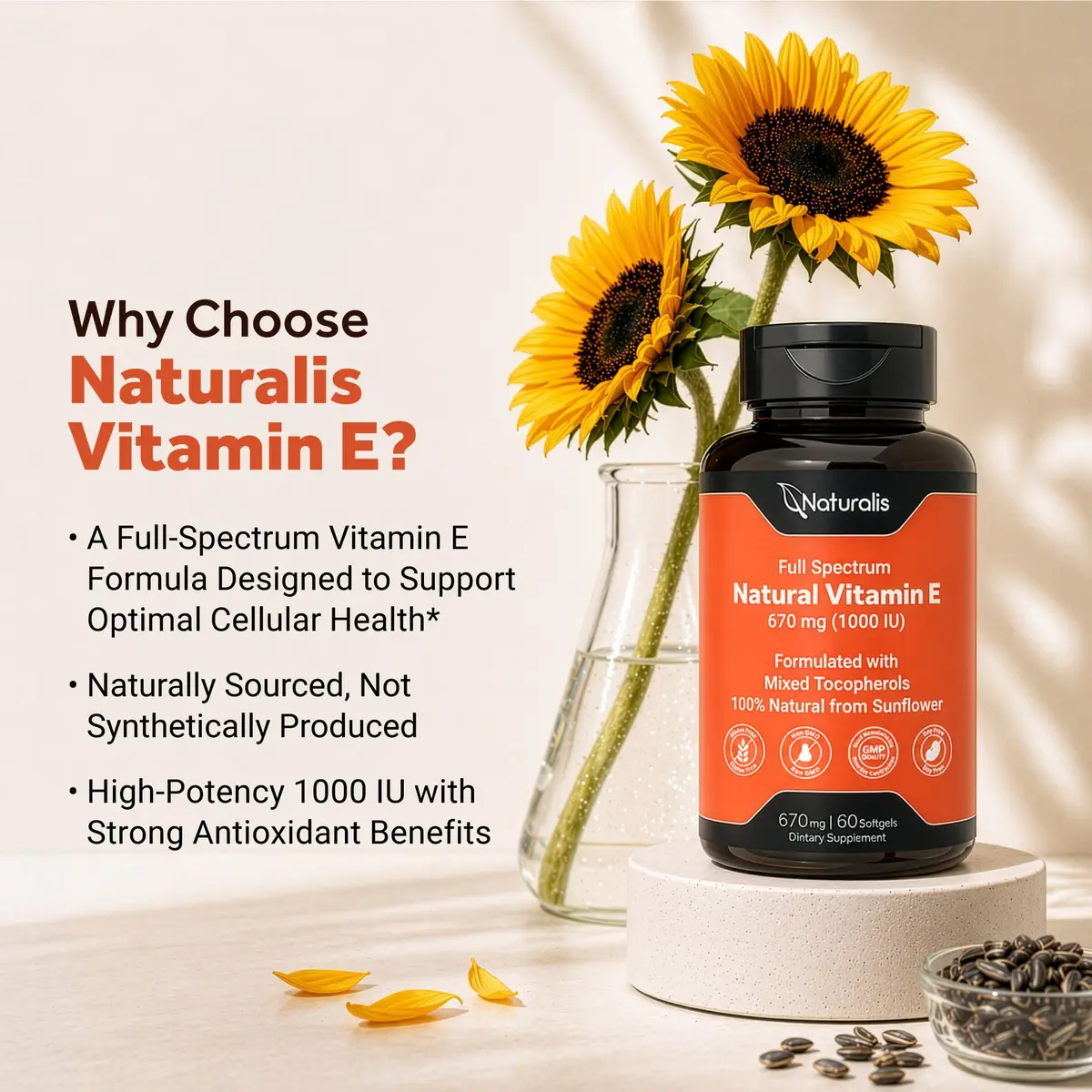 Naturalis Sunflower Vitamin E 670mg (1000 IU) with Mixed Tocopherols | Essential Skin & Immune Support | Non-GMO, Gluten & Soy Free | 60 Softgels - view 4