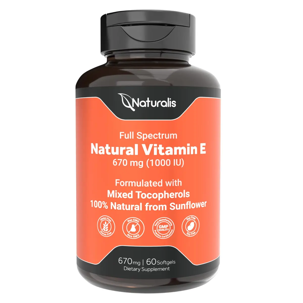 Naturalis Sunflower Vitamin E 670mg (1000 IU) with Mixed Tocopherols | Essential Skin & Immune Support | Non-GMO, Gluten & Soy Free | 60 Softgels - main product image