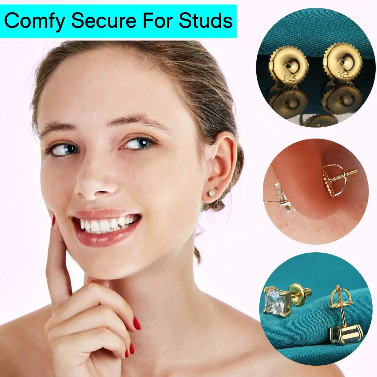 Catinee 2Pairs Gold Screw Earring Backs 14K Gold Plated 925 Sterling Silver | Hypoallergenic Locking Screw On Studs (70-120 chars) - view 2