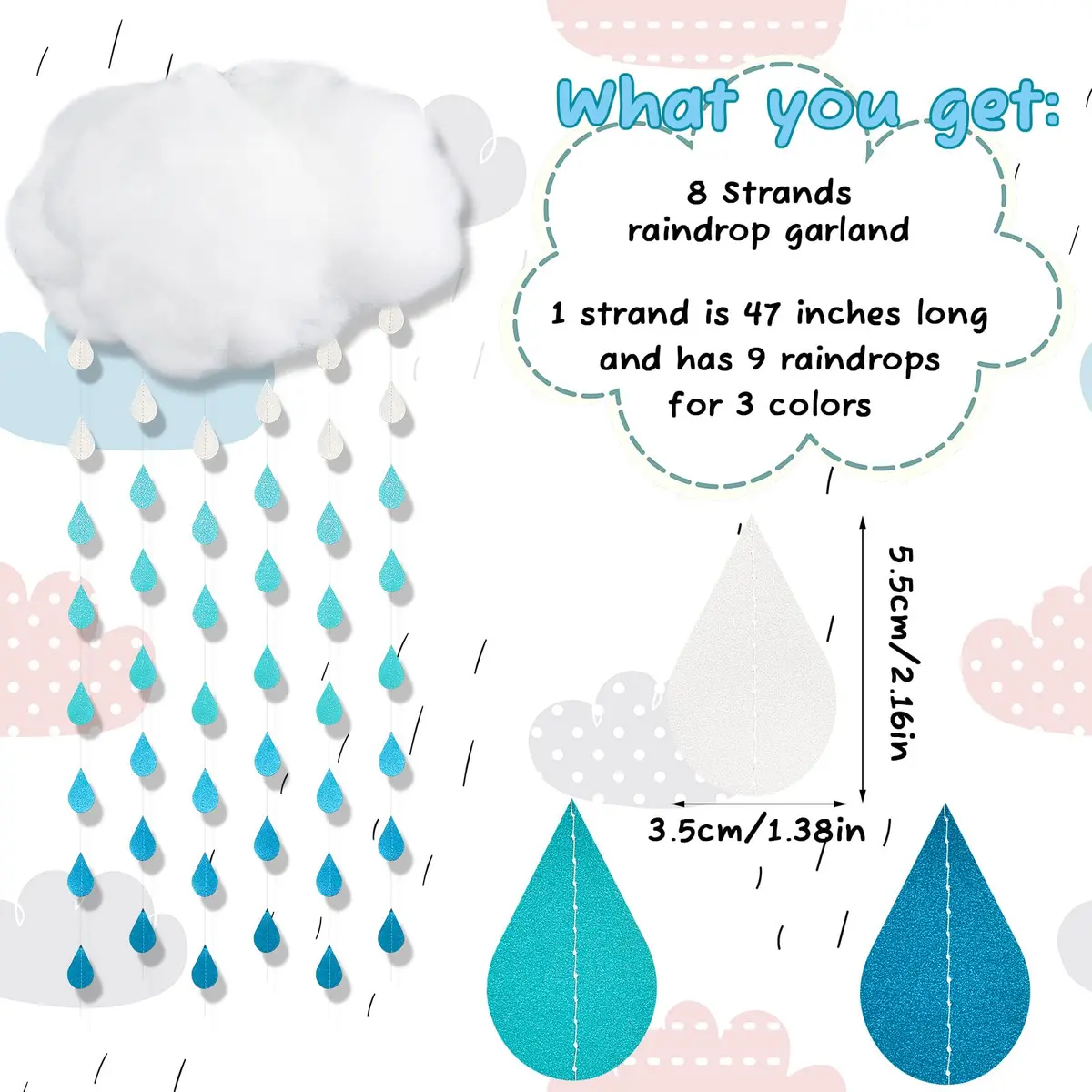 Saffica 14 Pcs Cloud Ceiling Decor Clouds & Raindrop Garlands | Elegant DIY Home & Party Decoration - view 3
