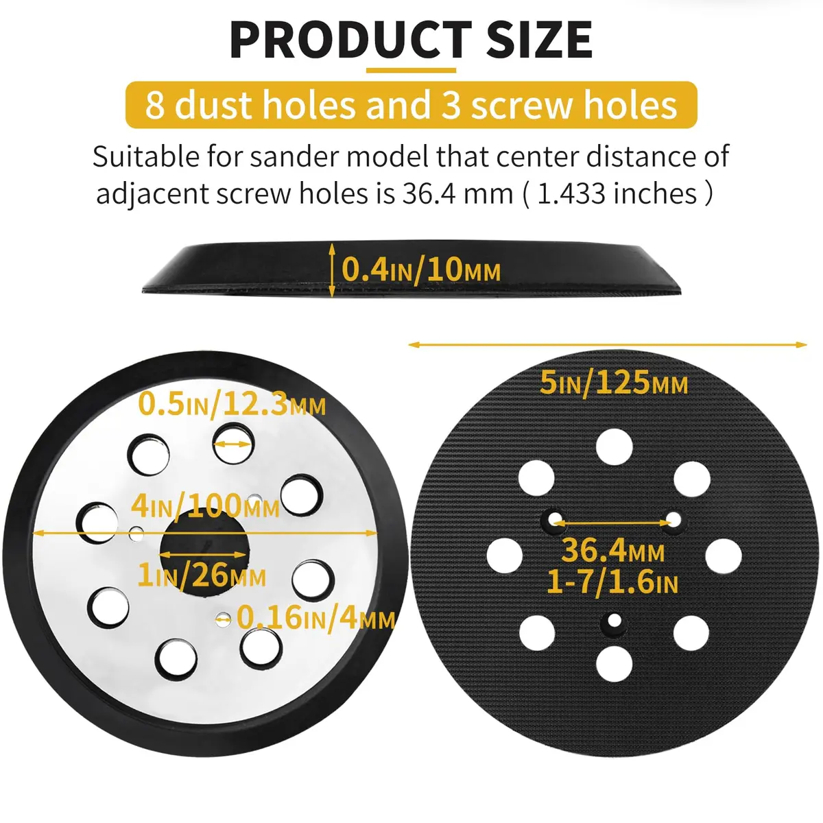Gnellkoor 5 Inch Orbital Sander Pad Replacement | 8 Dust Holes, 3 Screw Holes, 1 Inch Arbor - view 3
