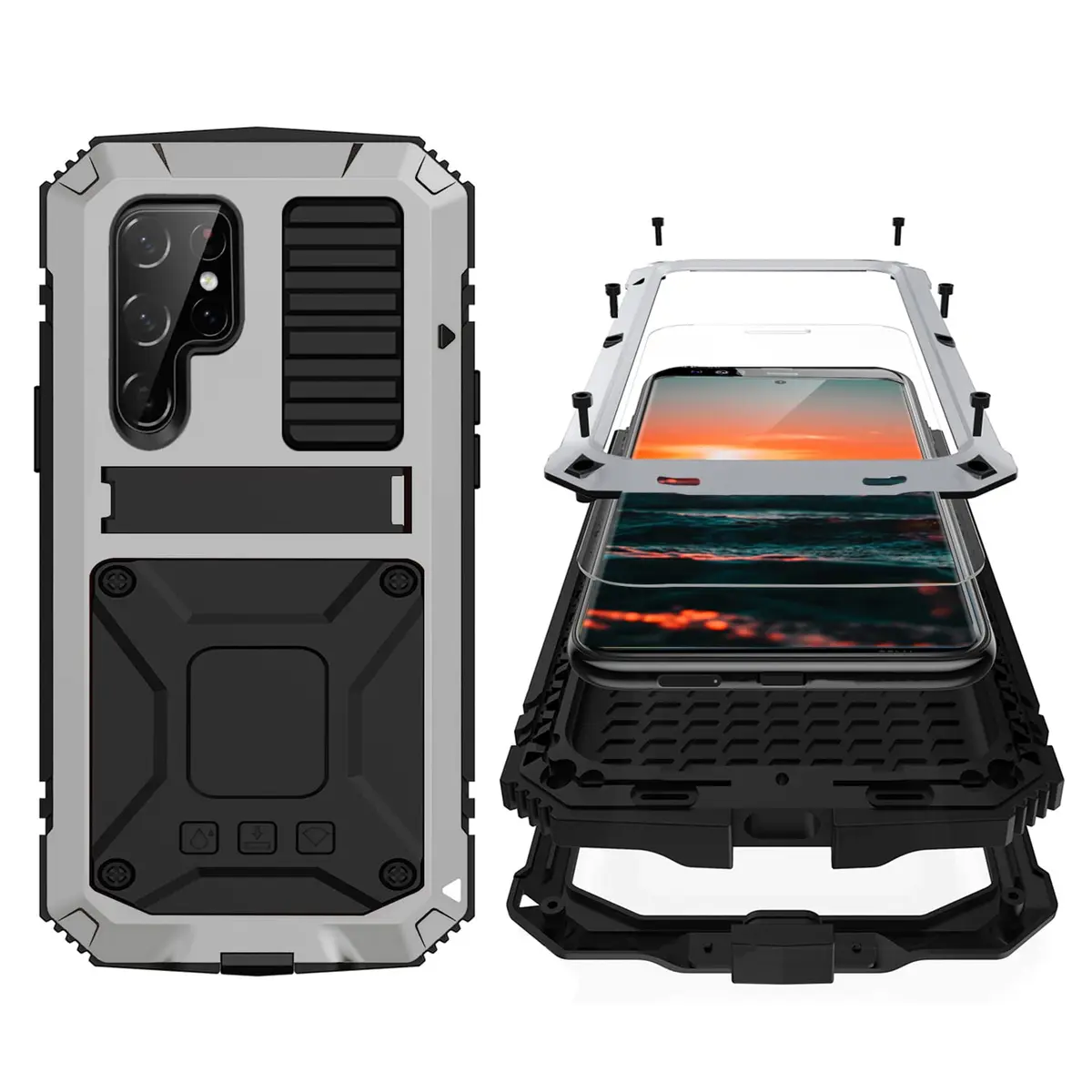 Simicoo Samsung S22 Plus Metal Bumper Silicone Case with Stand Silver | Heavy Duty Shockproof Rugged Cover - main product image