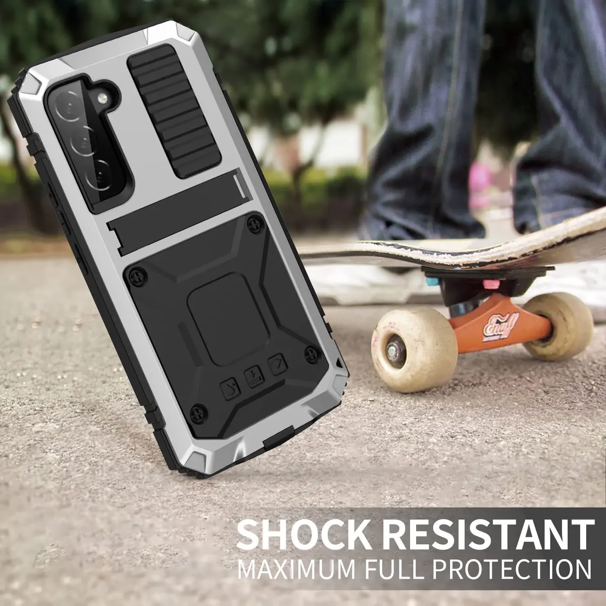 Simicoo Samsung S22 Plus Metal Bumper Silicone Case with Stand Silver | Heavy Duty Shockproof Rugged Cover - view 5