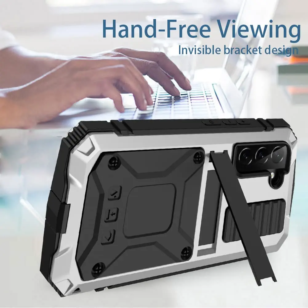 Simicoo Samsung S22 Plus Metal Bumper Silicone Case with Stand Silver | Heavy Duty Shockproof Rugged Cover - view 6