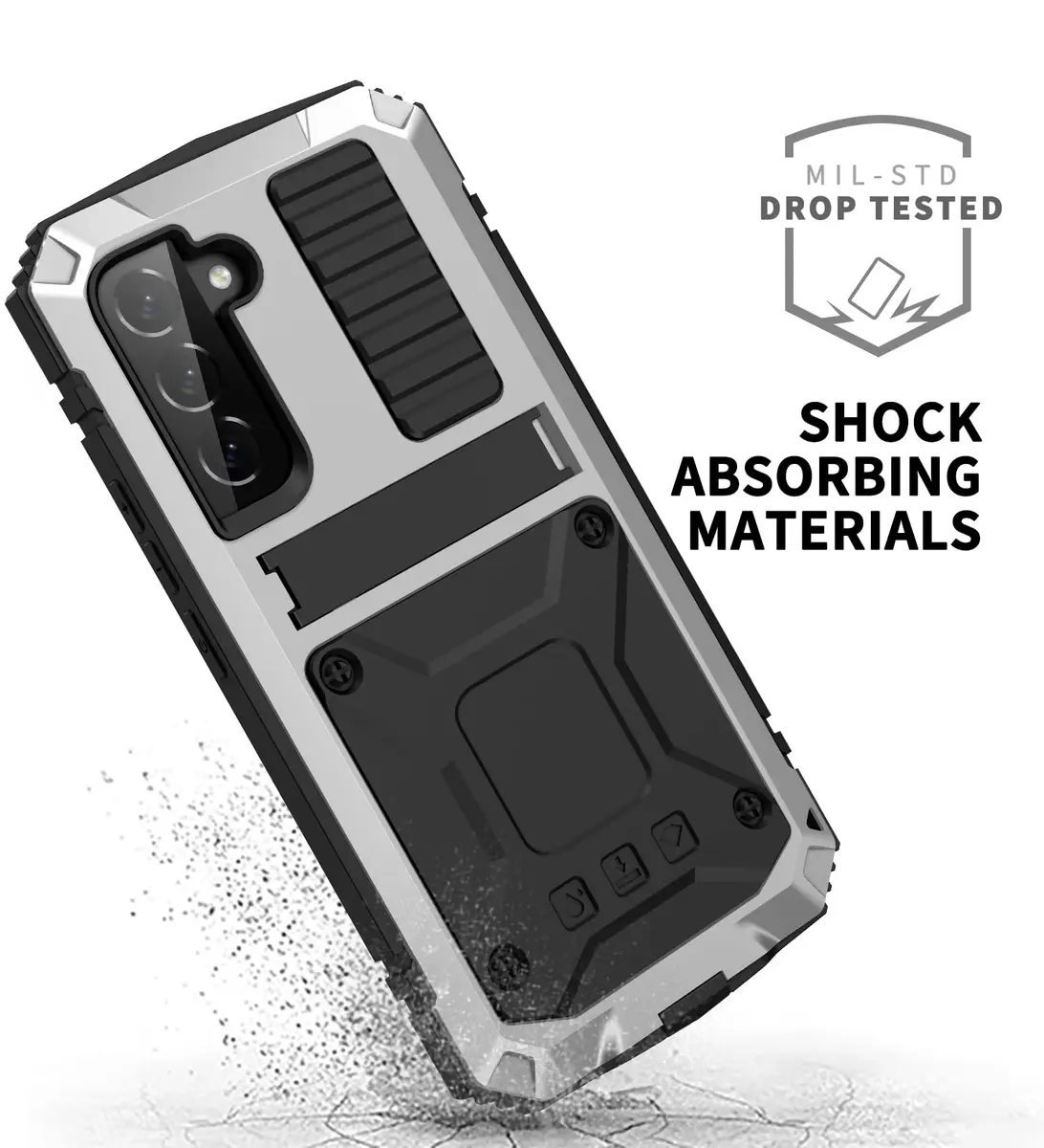 Simicoo Samsung S22 Plus Metal Bumper Silicone Case with Stand Silver | Heavy Duty Shockproof Rugged Cover - view 2