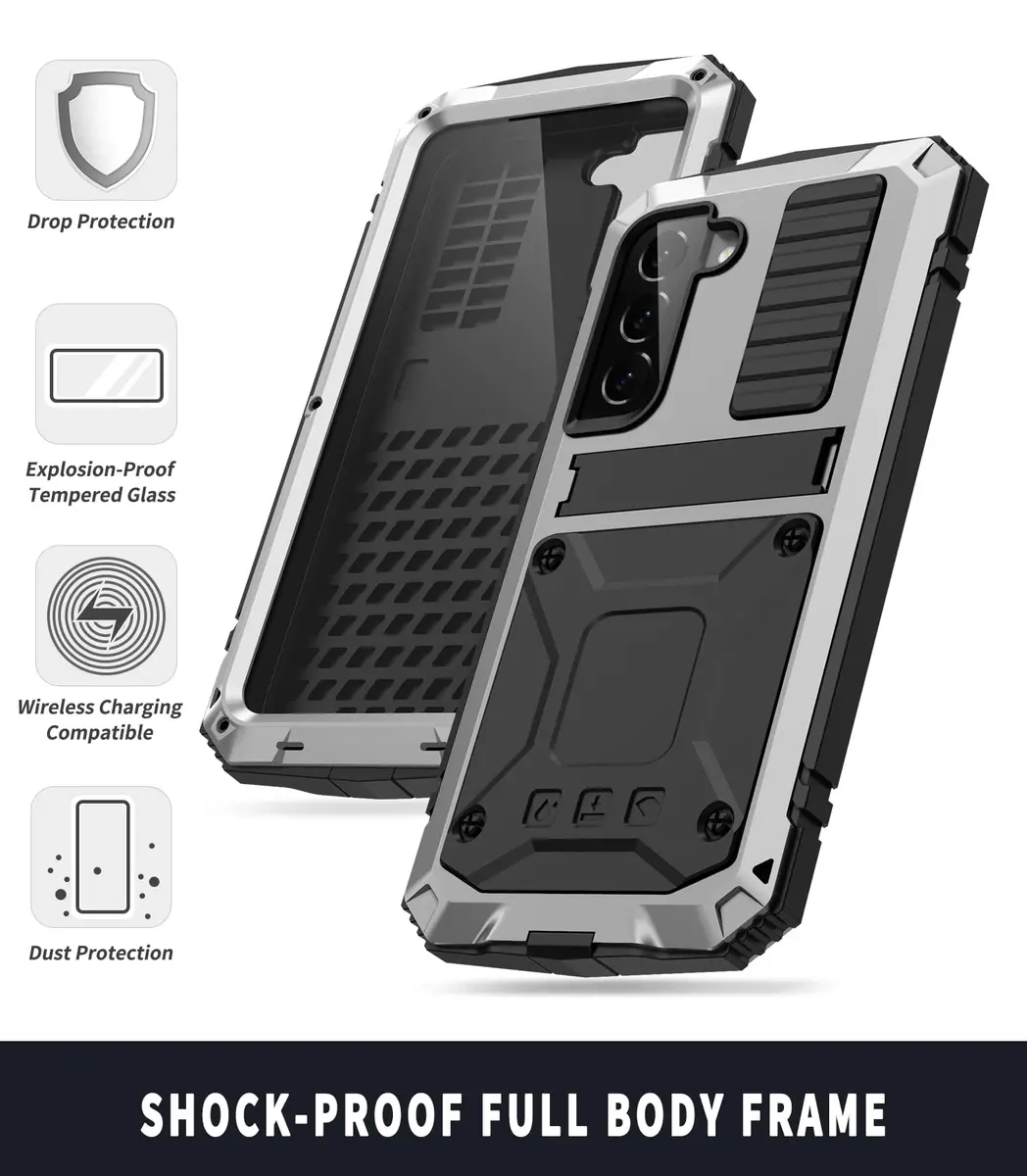 Simicoo Samsung S22 Plus Metal Bumper Silicone Case with Stand Silver | Heavy Duty Shockproof Rugged Cover - view 3