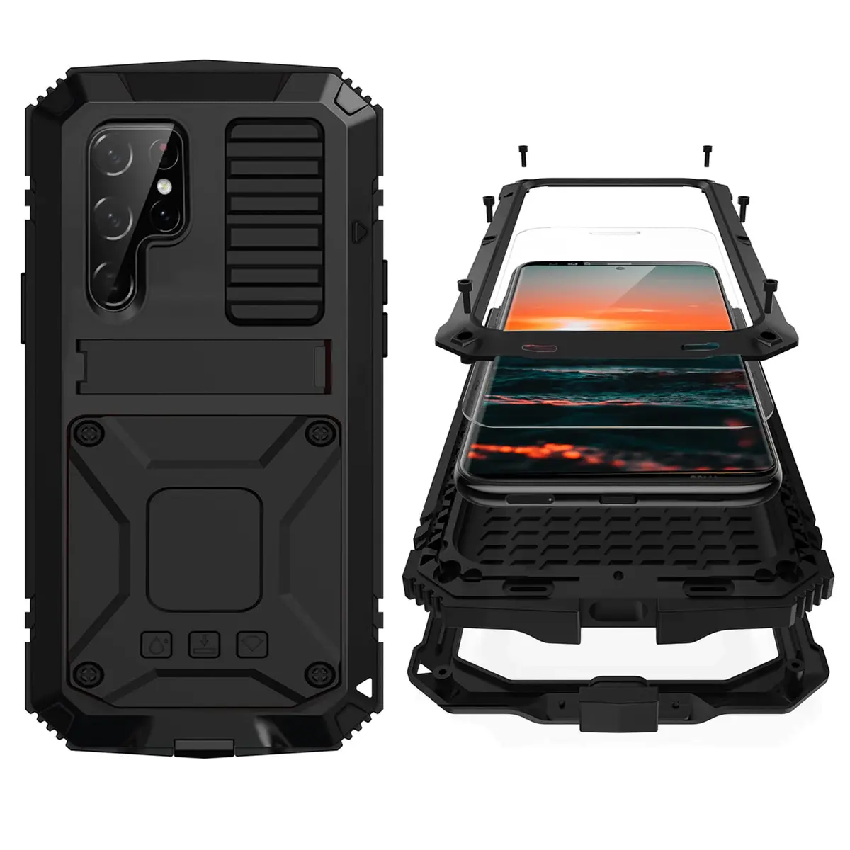 Simicoo Samsung S22 Ultra Metal Case with Screen Protector & Stand | Heavy Duty Shockproof Cover for Samsung S22 Ultra (Black) - main product image
