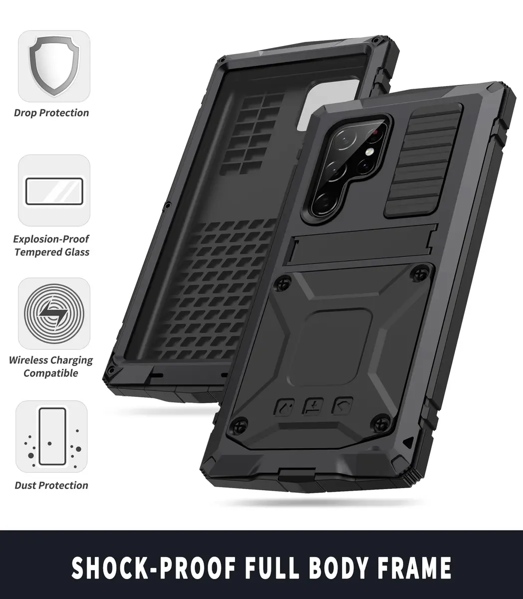 Simicoo Samsung S22 Ultra Metal Case with Screen Protector & Stand | Heavy Duty Shockproof Cover for Samsung S22 Ultra (Black) - view 4