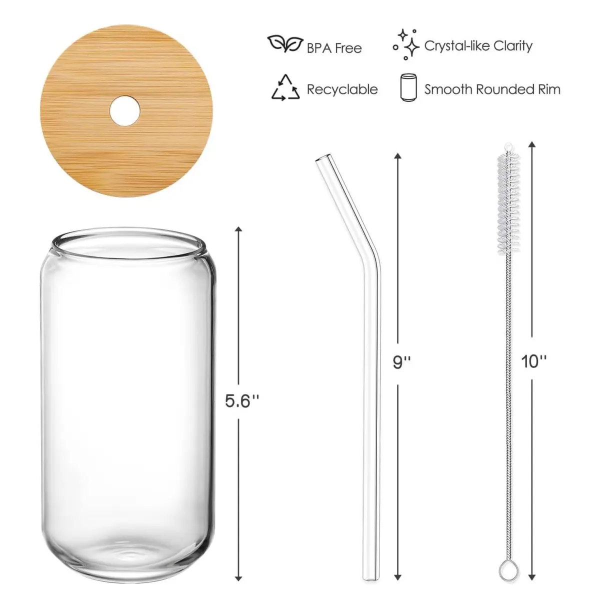 NETANY Drinking Glasses with Bamboo Lids and Glass Straws 4pcs Set - 480ml (16oz) | Classic Design Tumblers for Iced Coffee, Tea, Beer - view 6