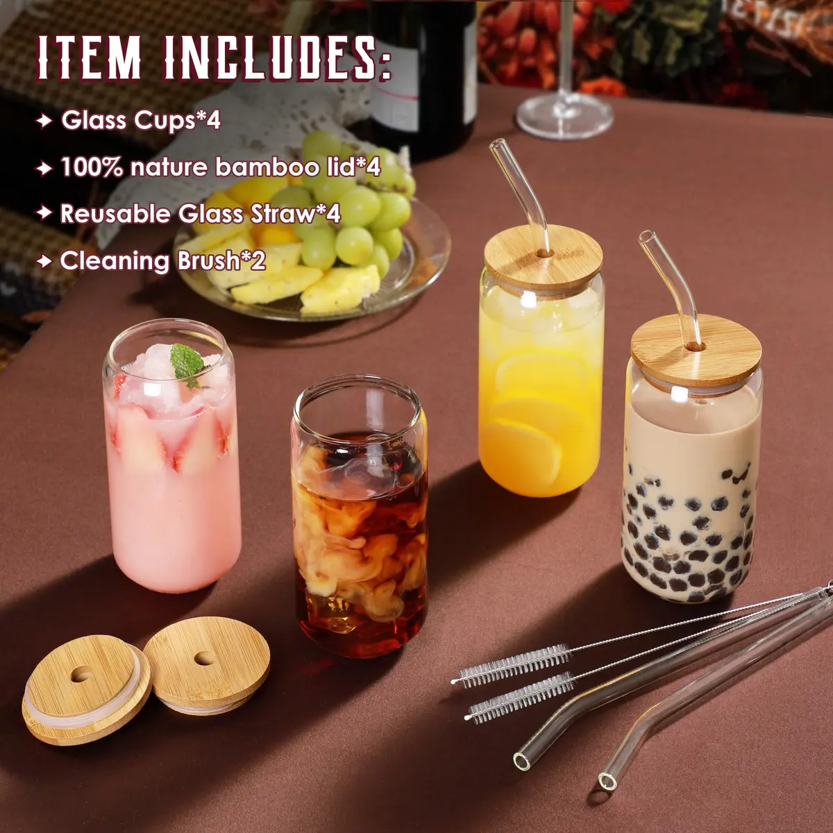 NETANY Drinking Glasses with Bamboo Lids and Glass Straws 4pcs Set - 480ml (16oz) | Classic Design Tumblers for Iced Coffee, Tea, Beer - view 2
