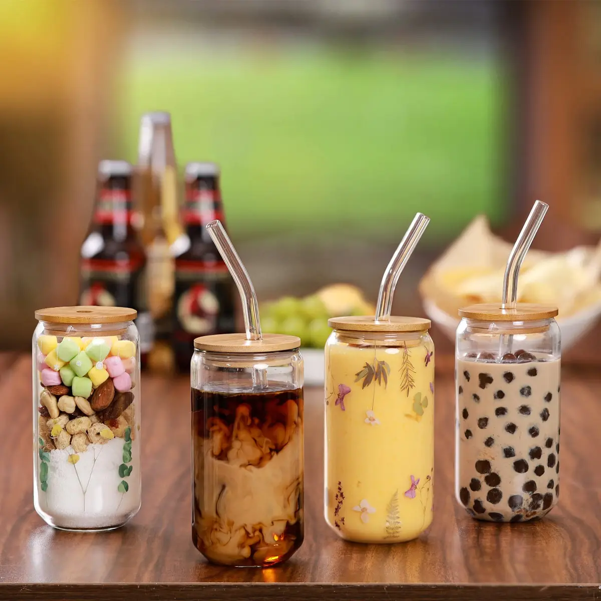 NETANY Drinking Glasses with Bamboo Lids and Glass Straws 4pcs Set - 480ml (16oz) | Classic Design Tumblers for Iced Coffee, Tea, Beer - view 3