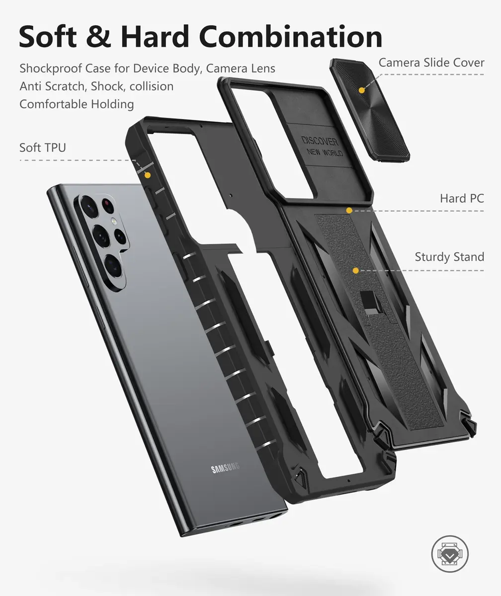 SOiOS Samsung Galaxy S23 Ultra Case with Kickstand & Slider | Rugged Military Design, Black - view 5