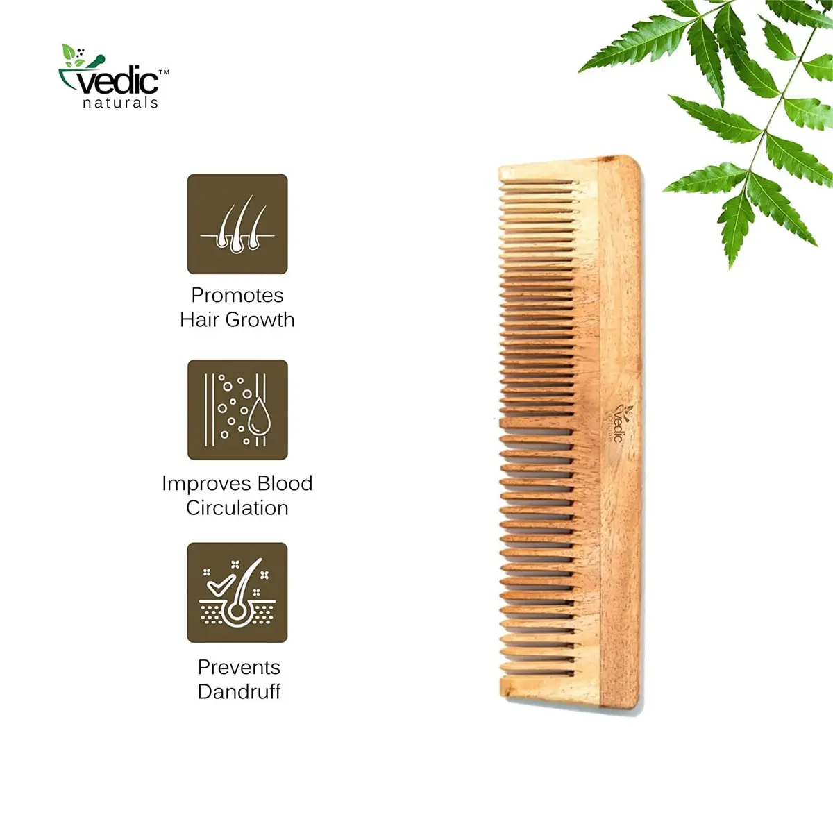 Vedic Naturals Neem Wood Comb (Pack of 2) | Promotes Hair Growth, Reduces Hair Fall & Controls Dandruff - view 3