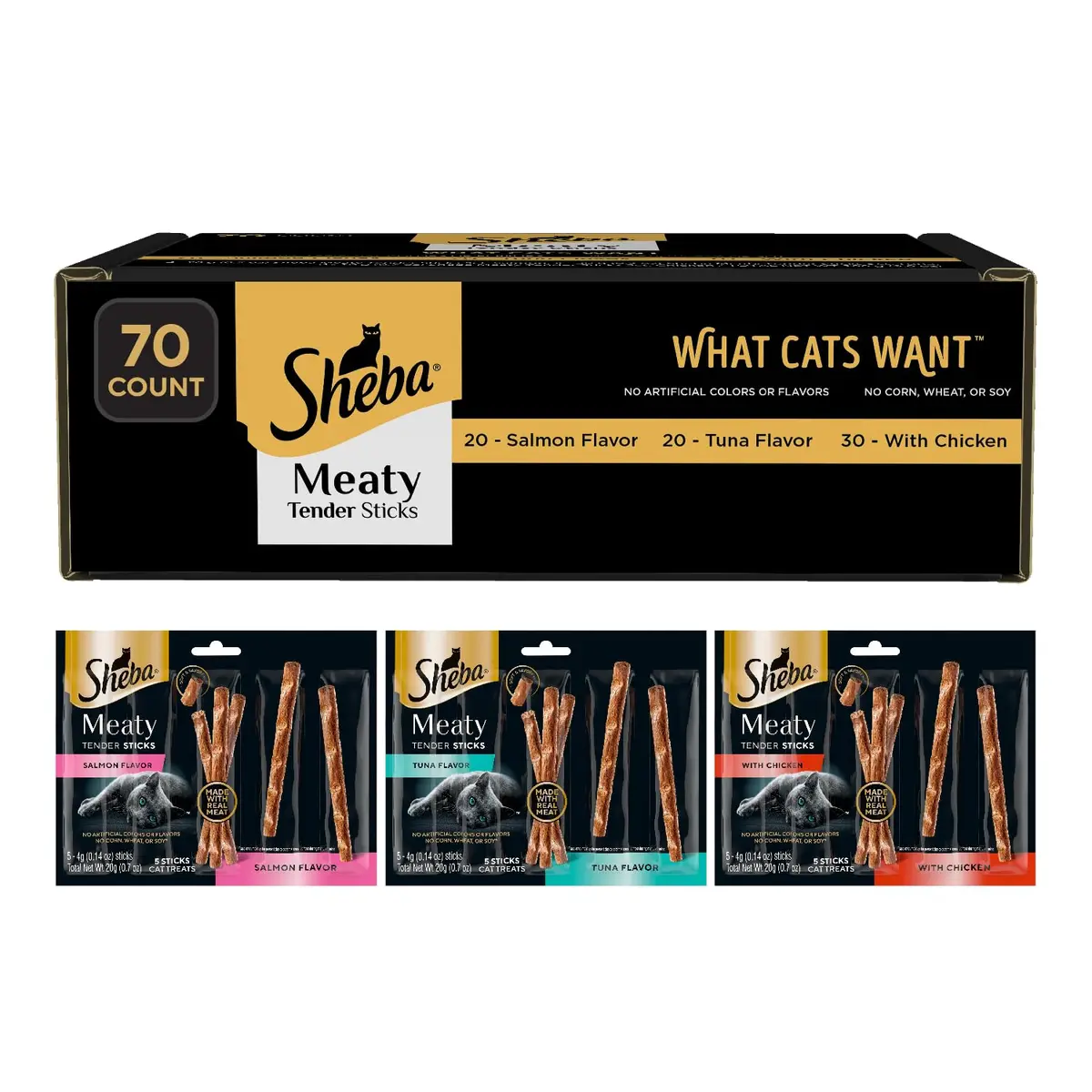 Sheba Meaty Tender Sticks Cat Treats, Chicken, Salmon & Tuna | Soft, Real Meat, 70 Count - main product image