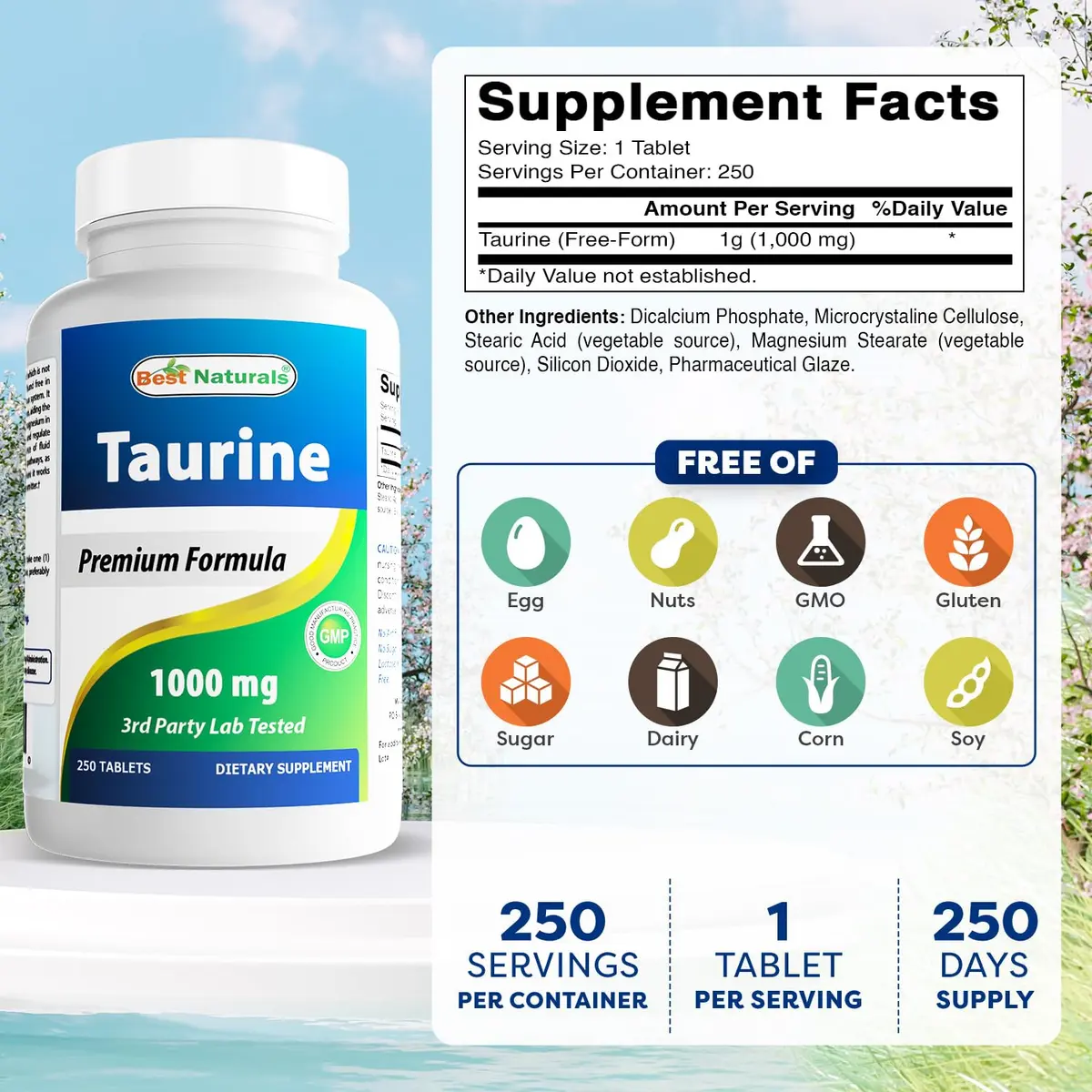 Best Naturals Taurine 1000 mg 250 Tablets | Unflavoured Dietary Supplement for Adults - view 2