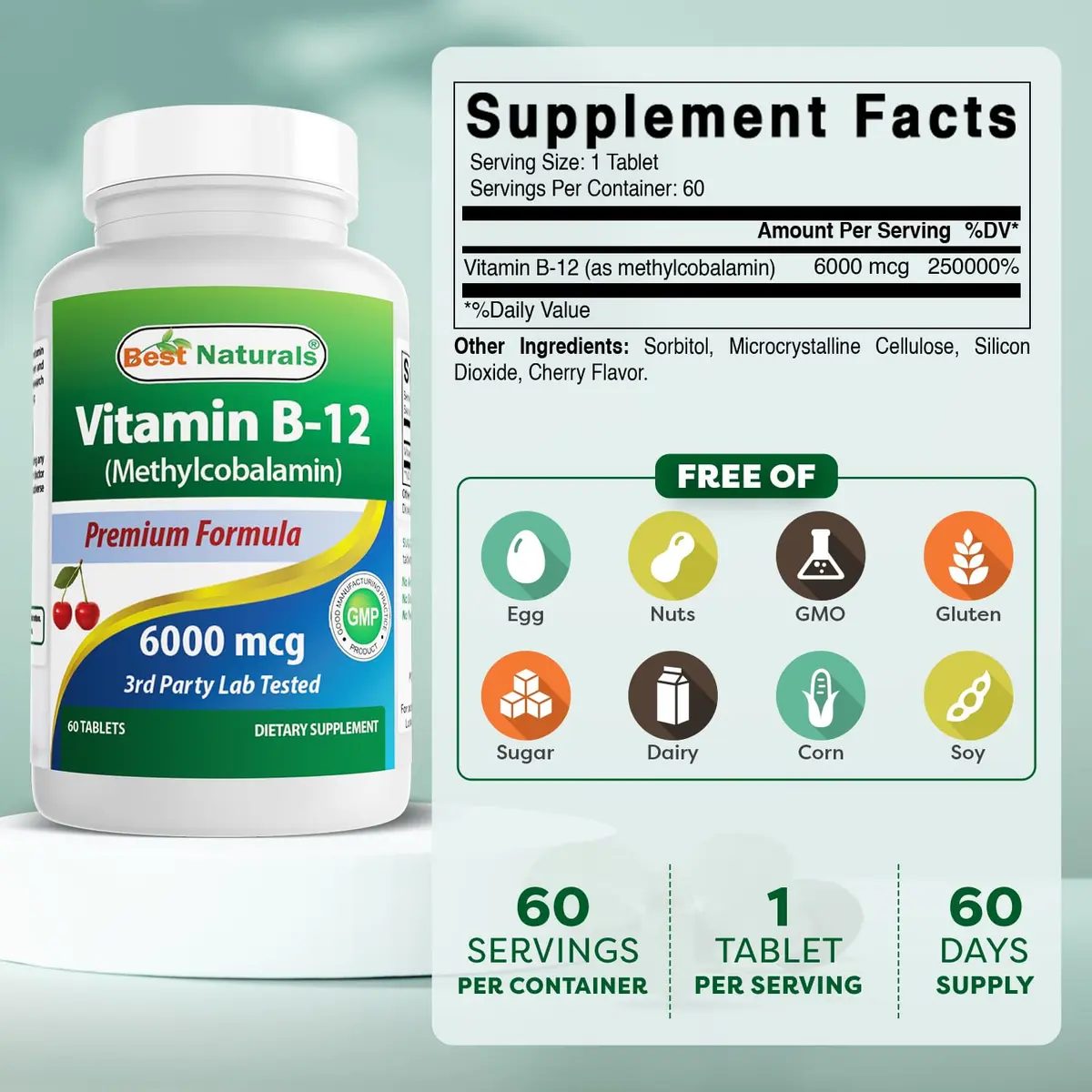 Best Naturals Vitamin B-12 as Methylcobalamin 6000 mcg | Sublingual Tablets for Energy & Nerve Support - view 2