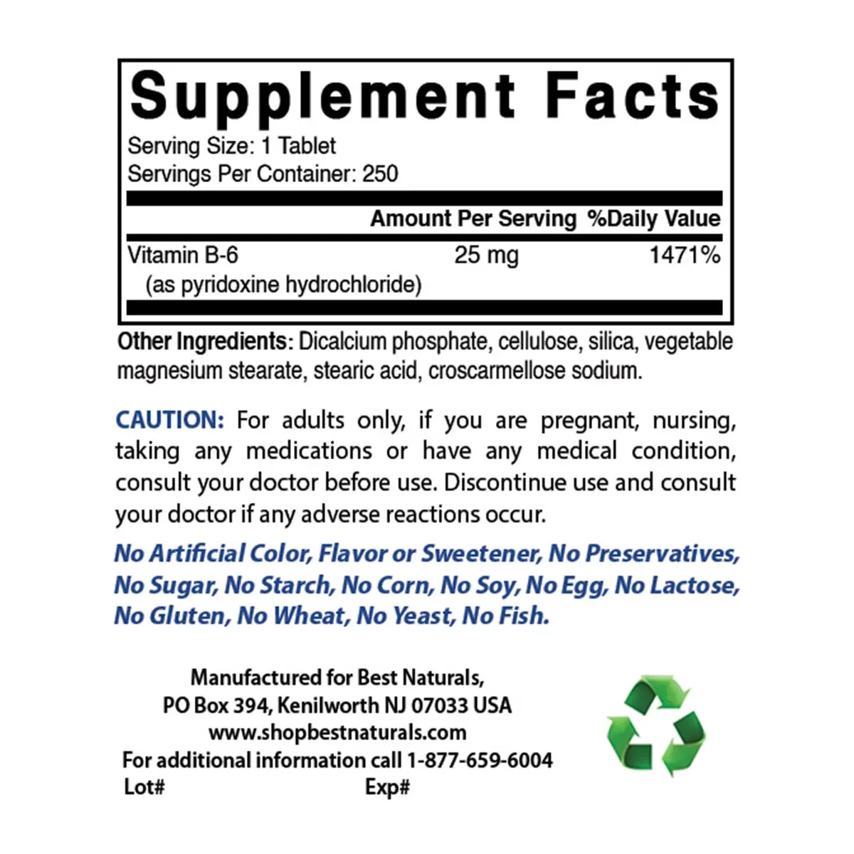 Best Naturals Vitamin B6 25mg 250 Tablets | 250 Count (Pack of 2) | Non-GMO & Gluten-Free - view 2