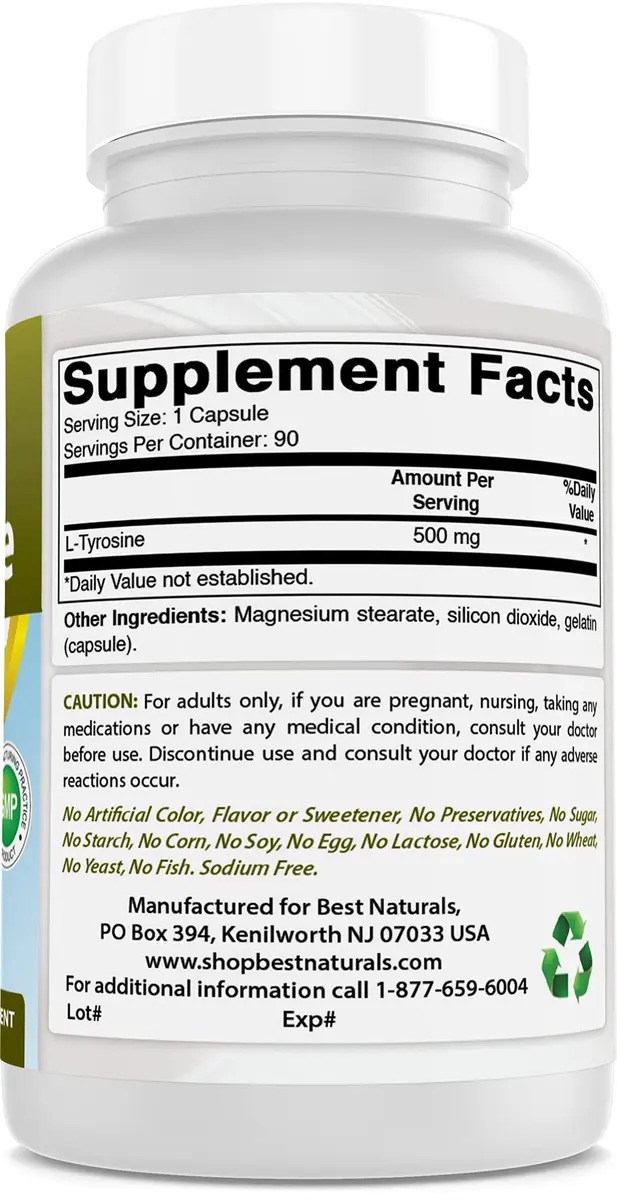 Best Naturals L-Tyrosine 500 mg 90 Capsules | Unflavoured, USA Import, GMP Certified - view 6