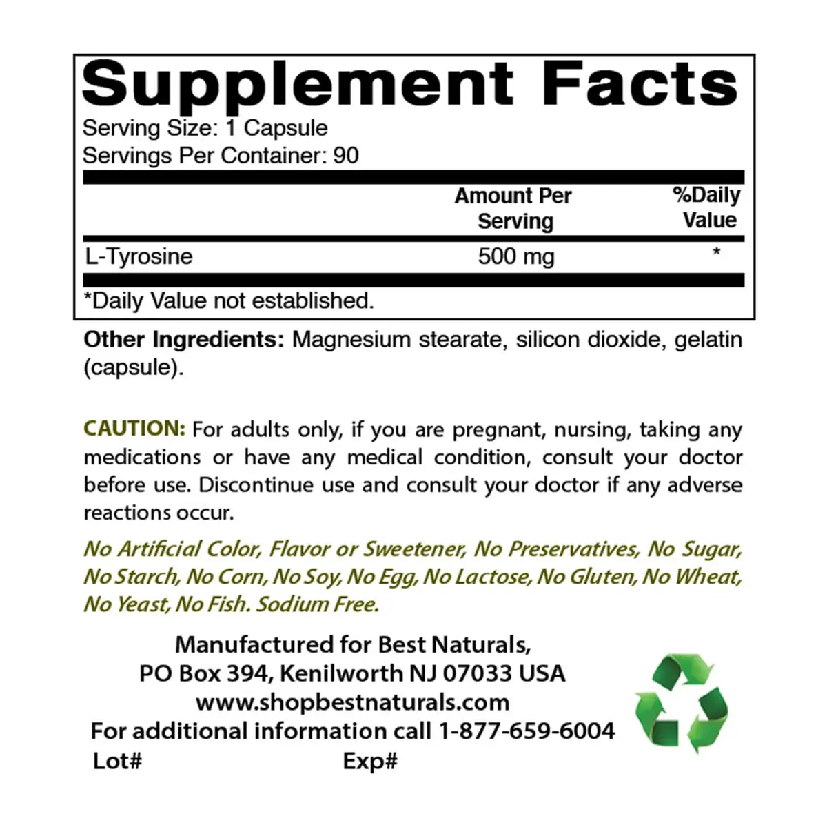 Best Naturals L-Tyrosine 500 mg 90 Capsules | Unflavoured, USA Import, GMP Certified - view 2