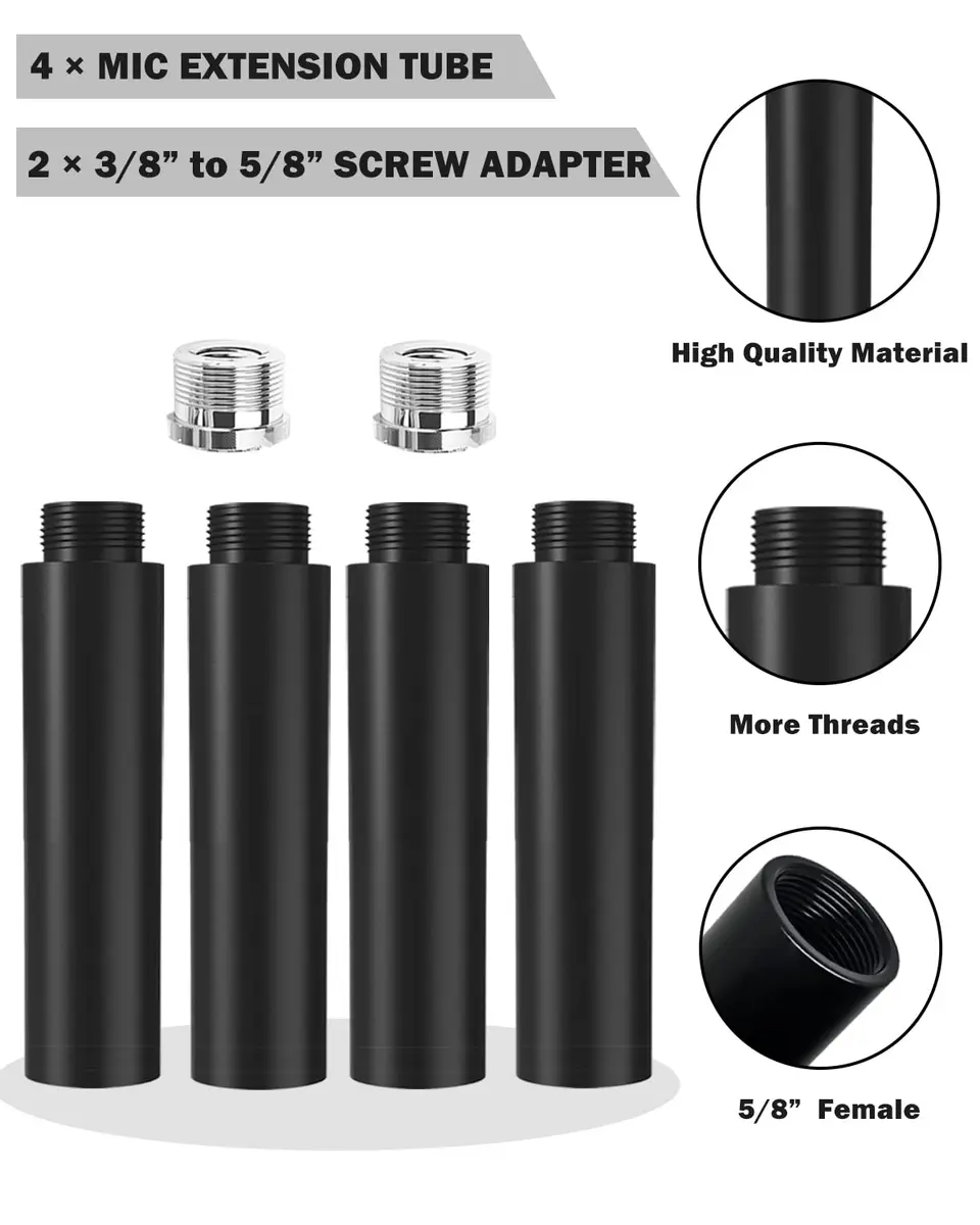 Boseen Microphone Stand Extension Tube Set with Adapters | 4 Pieces, Aluminum Alloy, Black - view 2