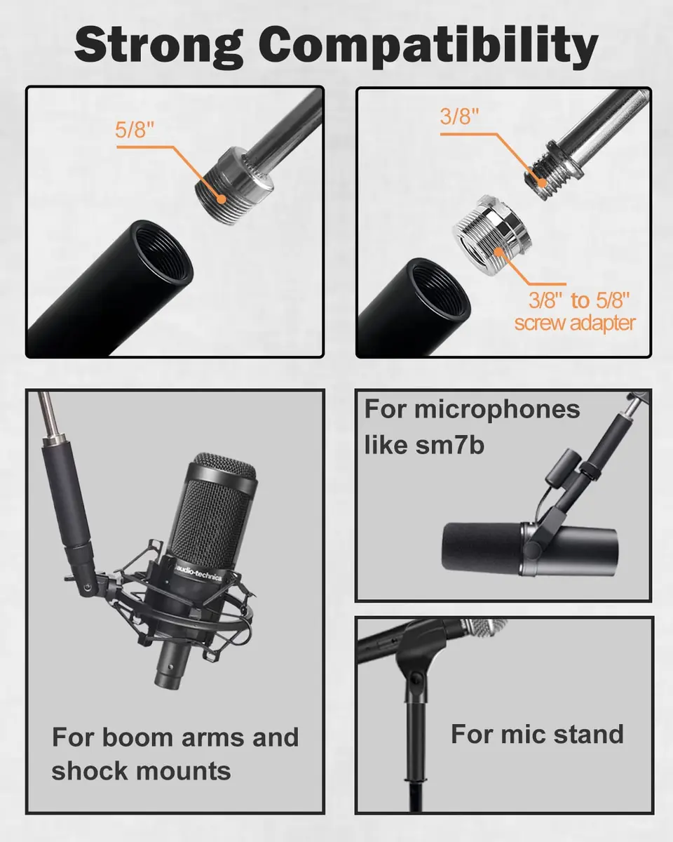 Boseen Microphone Stand Extension Tube Set with Adapters | 4 Pieces, Aluminum Alloy, Black - view 3